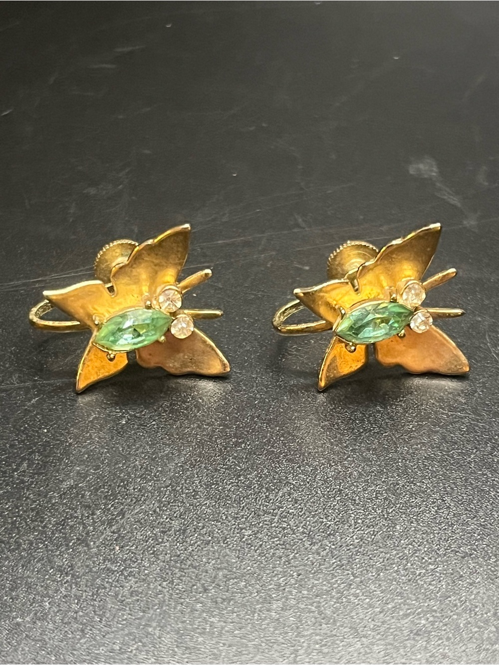 Vintage Coro Butterfly Screw Back Earrings Green Rhinestones